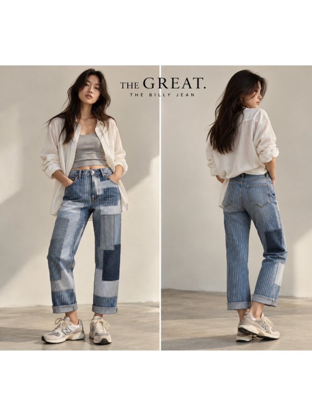 THE GREAT Women's The Billy Jean Patchwork Striped Denim Jeans Blue 27